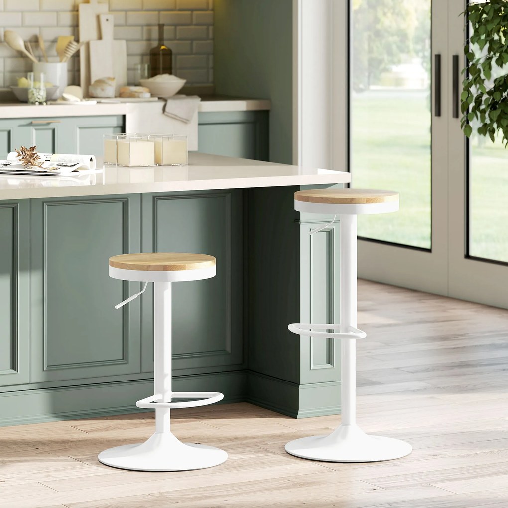 HOMCOM Stołki barowe 2 szt., regulowane, obrotowe 360° z ramą stalową i podnóżkiem 38,5x38,5x60-80 cm Drewno naturalne+Biały | Aosom PL