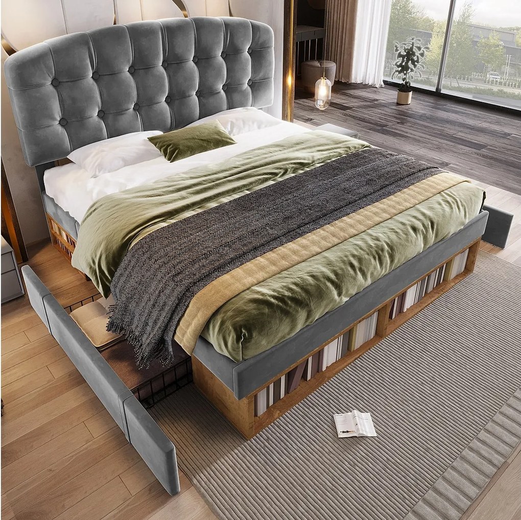 Łóżko podwójne z pojemnikiem - 140 x 200 cm - z regulowanym zagłówkiem + szuflady + półki - aksamitne - szare