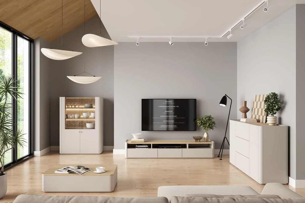 Szafka RTV Elivo 200 cm z dwoma szufladami - kaszmir / dąb olejowany