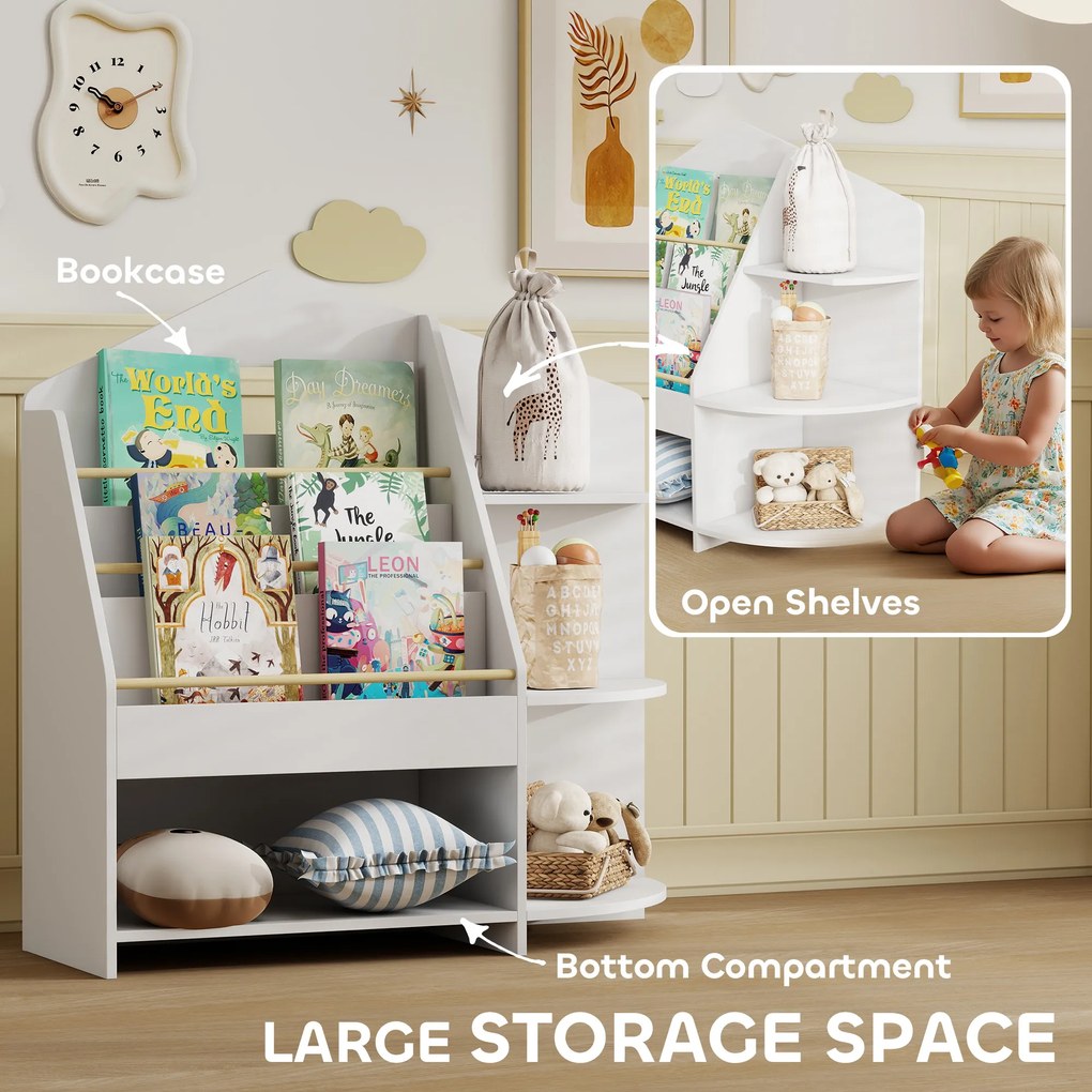 AIYAPLAY Regał dziecięcy z 7 półkami na książki i zabawki, zaokrąglone krawędzie, udźwig 40 kg, Biały