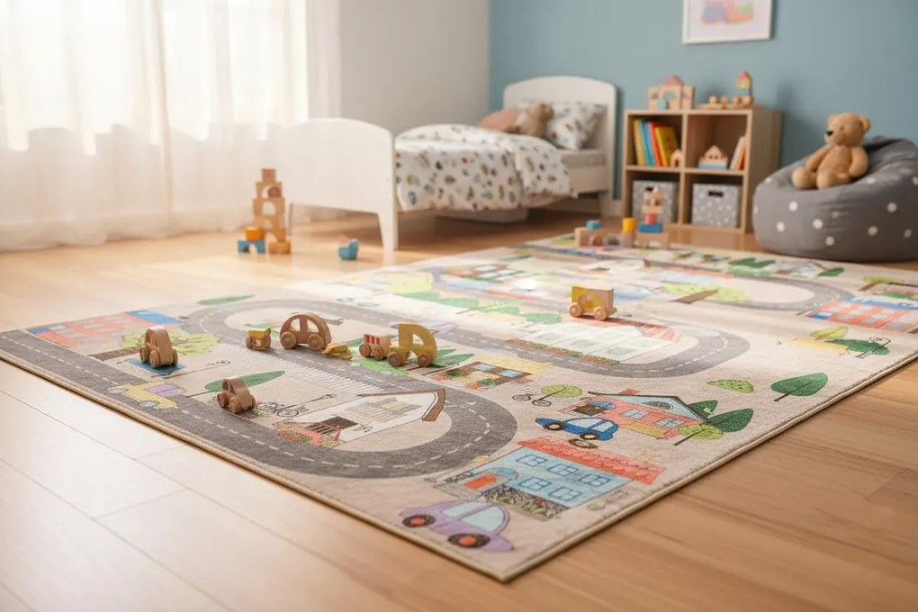 Beżowo-kolorowy dywan z miasteczkiem dla dzieci N6-T05