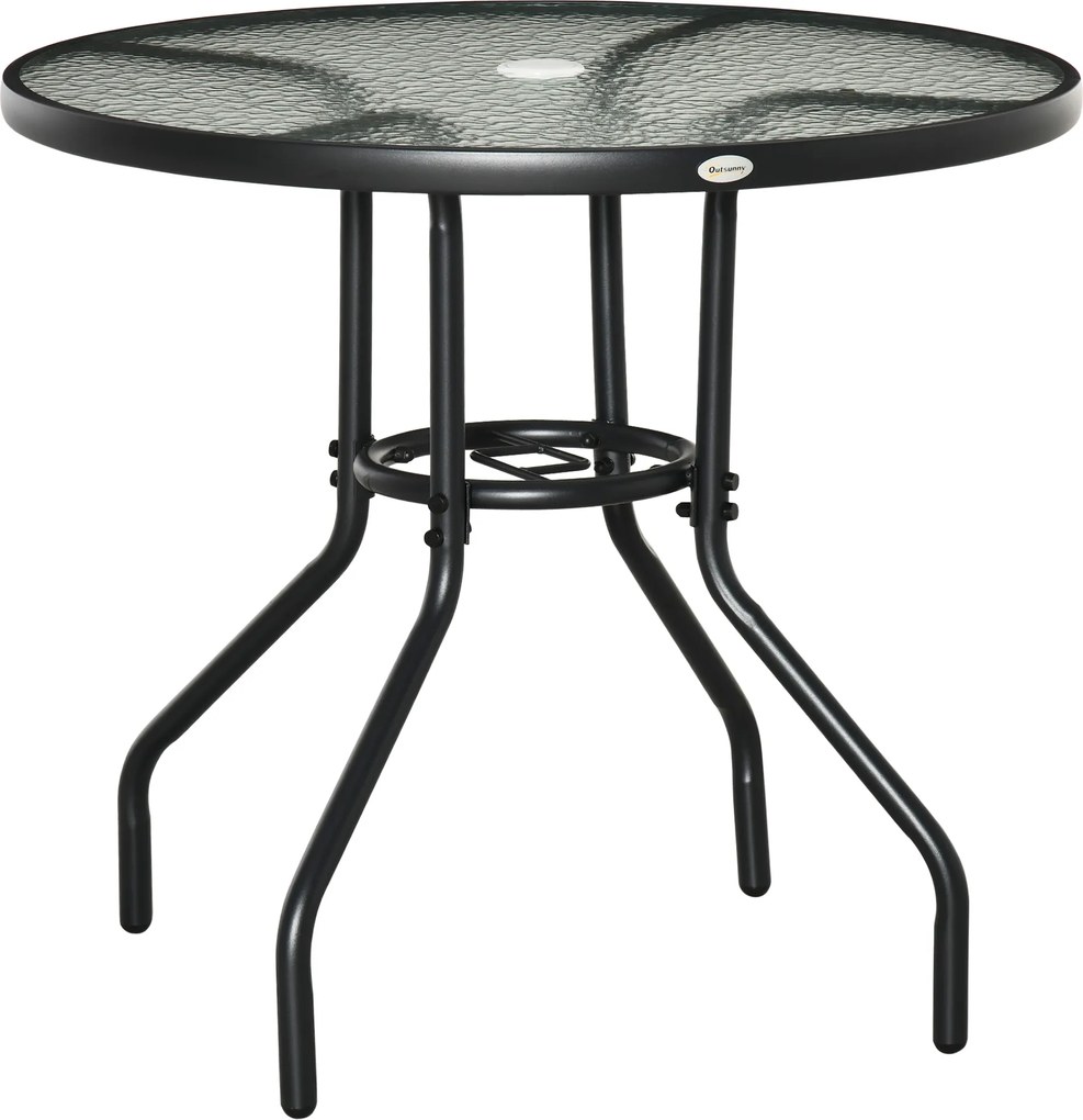 Outsunny Stół Ogrodowy z Otworem na Parasol Czarny Szkło Hartowane i Metal Stolik Bistro Balkonowy Ø80x72cm | Aosom PL