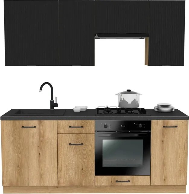 Zestaw Mebli Kuchennych MODERN 200 cm Czarny/Dąb Evoke Ryflowany Loftowy