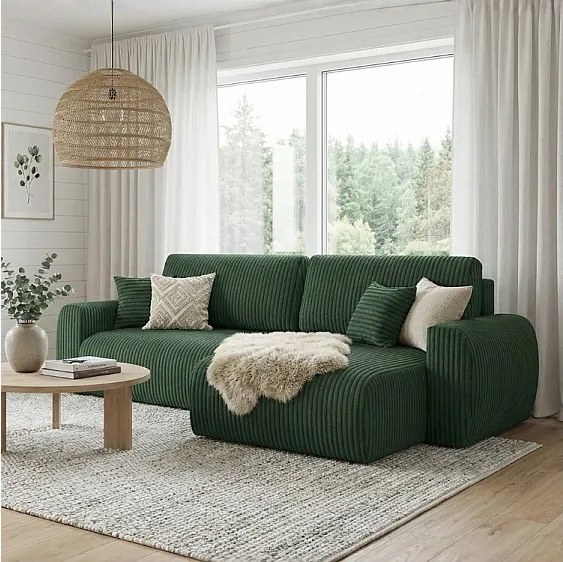 Stylowy narożnik rozkładany prawostronny  ARIEL L 246x150x87 cm w tkaninie Velo 79 butelkowa zieleń