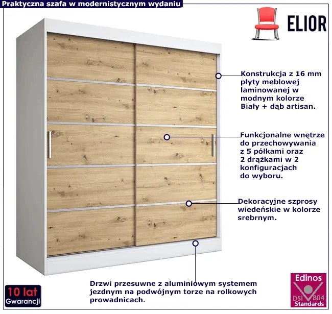 Szafa przesuwna biały + dąb artisan 180 cm - Bohosa 5X