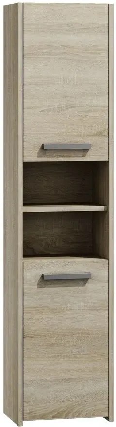 Wąska skandynawska szafka łazienkowa z otwartą tosca półką 3x dąb sonoma D5-E31