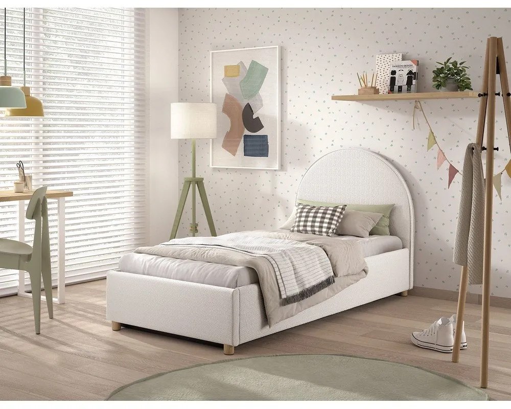 Białe tapicerowane łóżko jednoosobowe ze schowkiem i stelażem 90x200 cm Moon – Vipack