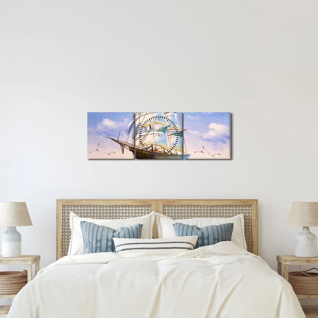 Obraz statku na falach (z zegarem) (90x30 cm)