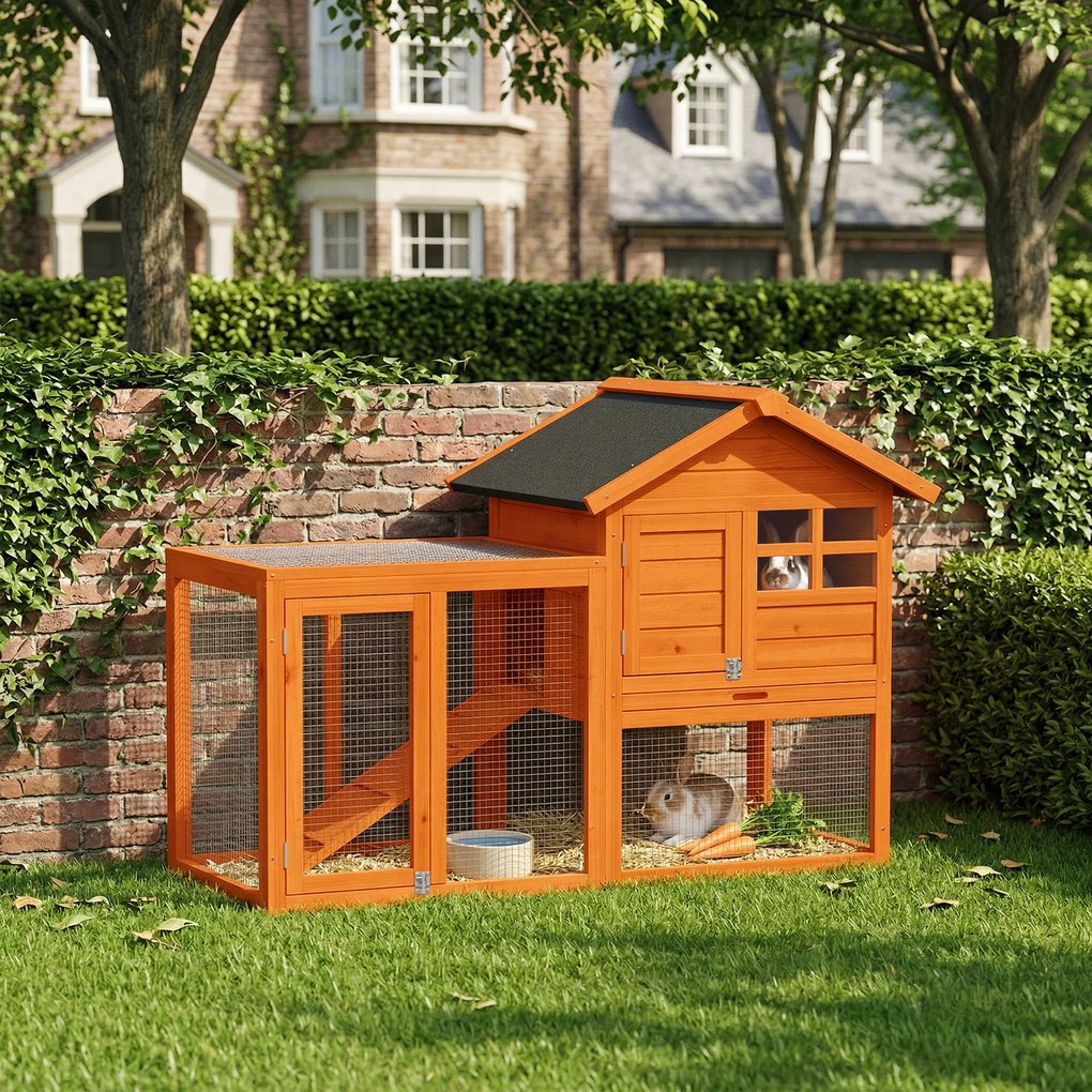 PawHut Domek dla królików 2 poziomy, drewniany domek z wodoodpornym dachem asfaltowym, wybieg, rampa, drzwi, 123,5 x 62,6 x 92,5 cm, pomarańczowy | Aosom PL