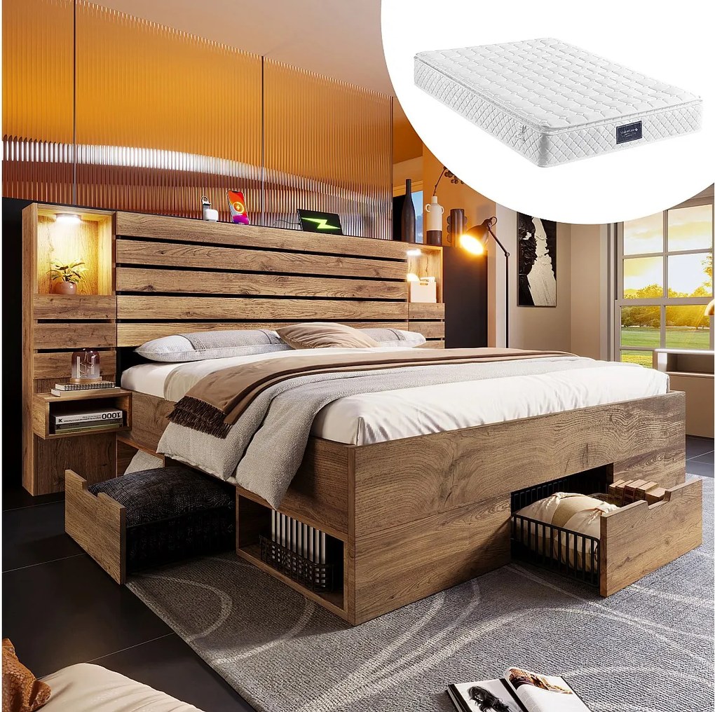 Łóżko podwójne z efektem dębu - 160 x 200 cm - z diodami LED + USB + 2 szafki nocne + szuflady - drewno - naturalne (z materacem)