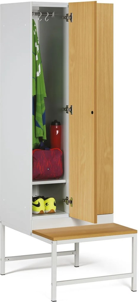 Szafka ubraniowa S1 z ławką, 2-drzwiowa, 1875 x 600 x 500/800 mm, zamek RFID, drzwi laminowane, orzech