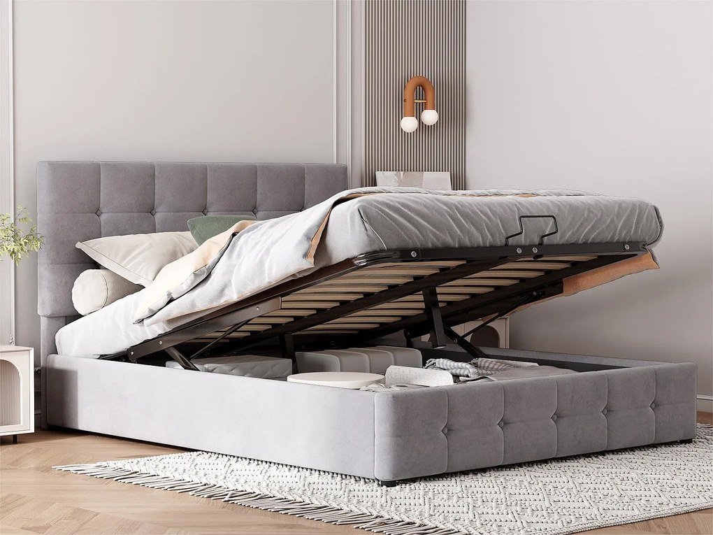 Łóżko z tapicerowanym stelażem - 140x200cm - materiał welurowy - regulowane wezgłowie w wzór blokowy - Szary