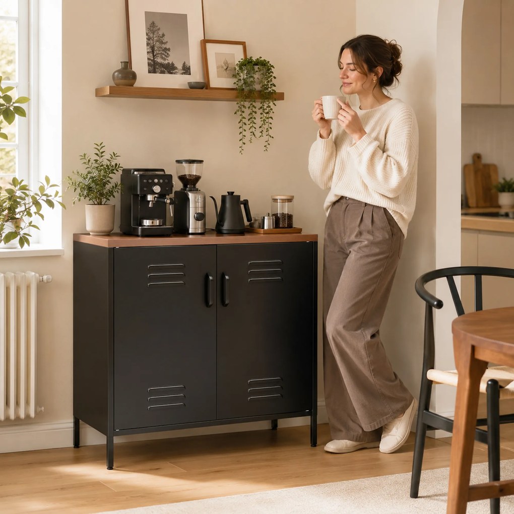 HOMCOM Metalowe sideboard, 80x40x80 cm, przemysłowa szafka do przechowywania z 2 drzwiami i regulowaną półką do salonu, biura, Czarny | Aosom PL