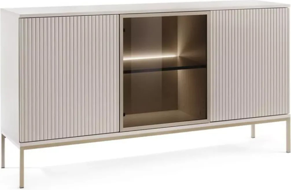 Komoda do salonu Shark 154 cm ryflowana nowoczesna LED szklane drzwi push-to-open metalowy stelaż minimalistyczna