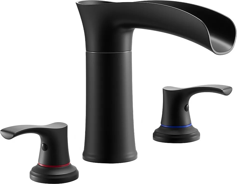 Bateria Wanna Rzymska SucceBuy, Kran do Wanny z 3 Otworami, Wodospad, w Stopie Cynku, z 2 Gałkami, Kontrola Temperatury, Czarny Mat