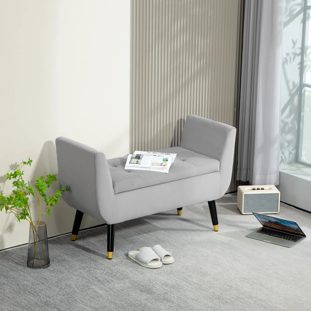 HOMCOM Ławka z miejsca do przechowywania i podłokietnikami, Skrzyniowa, Aksamitny Poliester, Drewno Kauczukowe, Jasnoszary, 107 x 42 x 65 cm