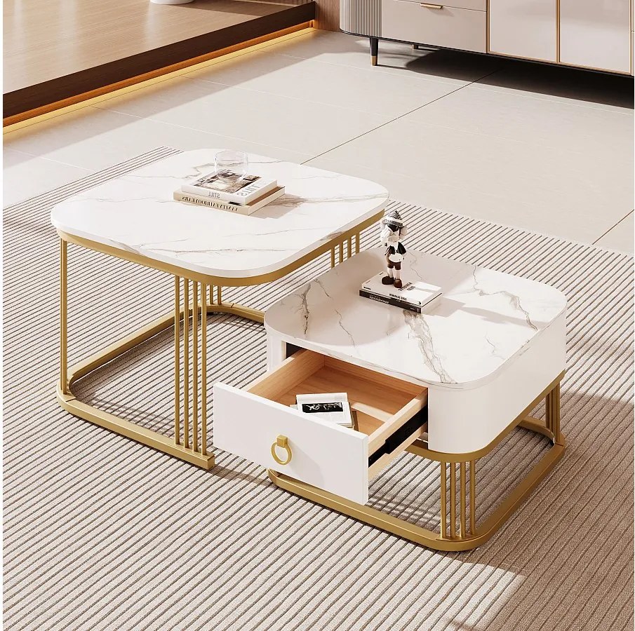 Sztaplowany stolik kawowy z jedną szufladą, marmurowym blatem z płyty MDF, metalową ramą