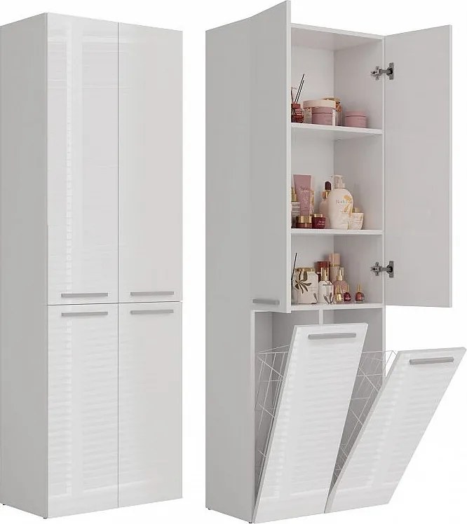 Słupek Łazienkowy Nel | Biały Połysk | 60x30x174 cm | Szafka z Koszami