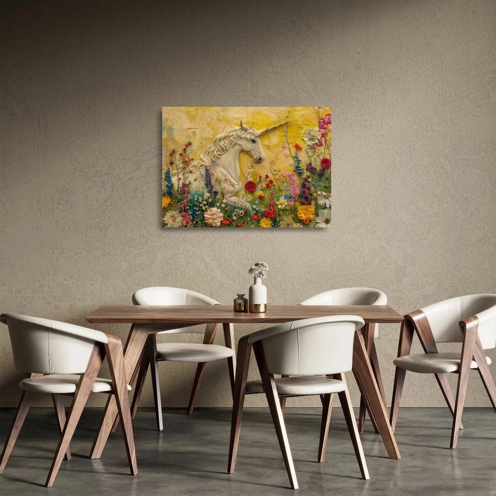 Obraz na szkle - Jednorożec z kwiatami (70x50 cm)
