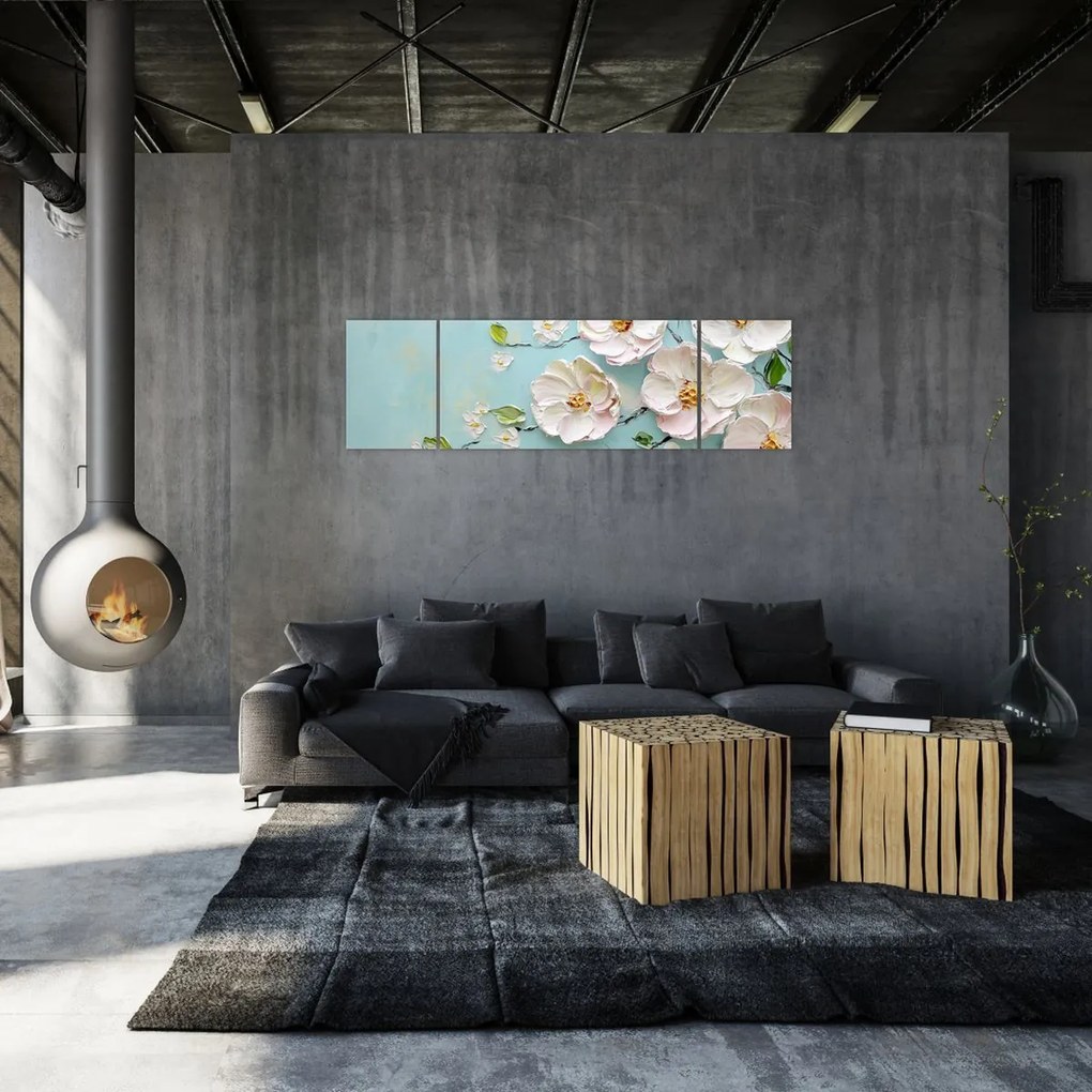 Obraz - Kwiatki na niebieskim tle (170x50 cm)