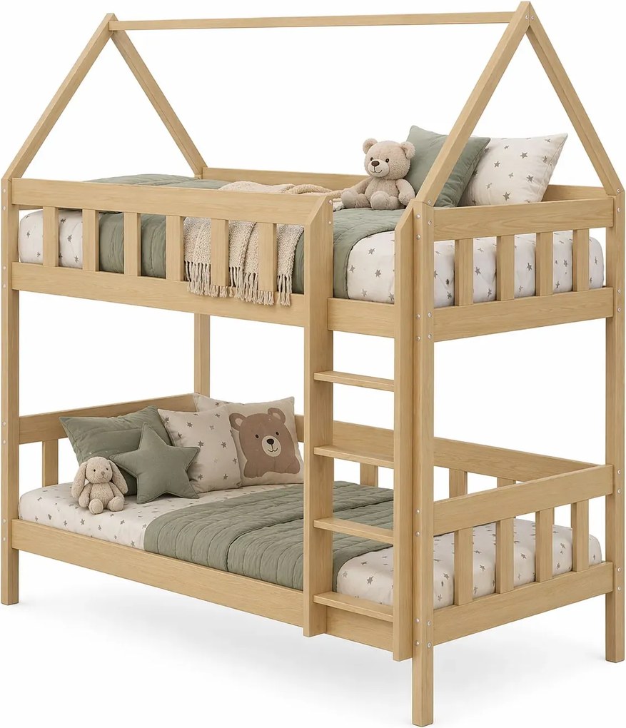 Drewniane łóżko piętrowe domek do dziecięcej sypialni, sosna K3-N20