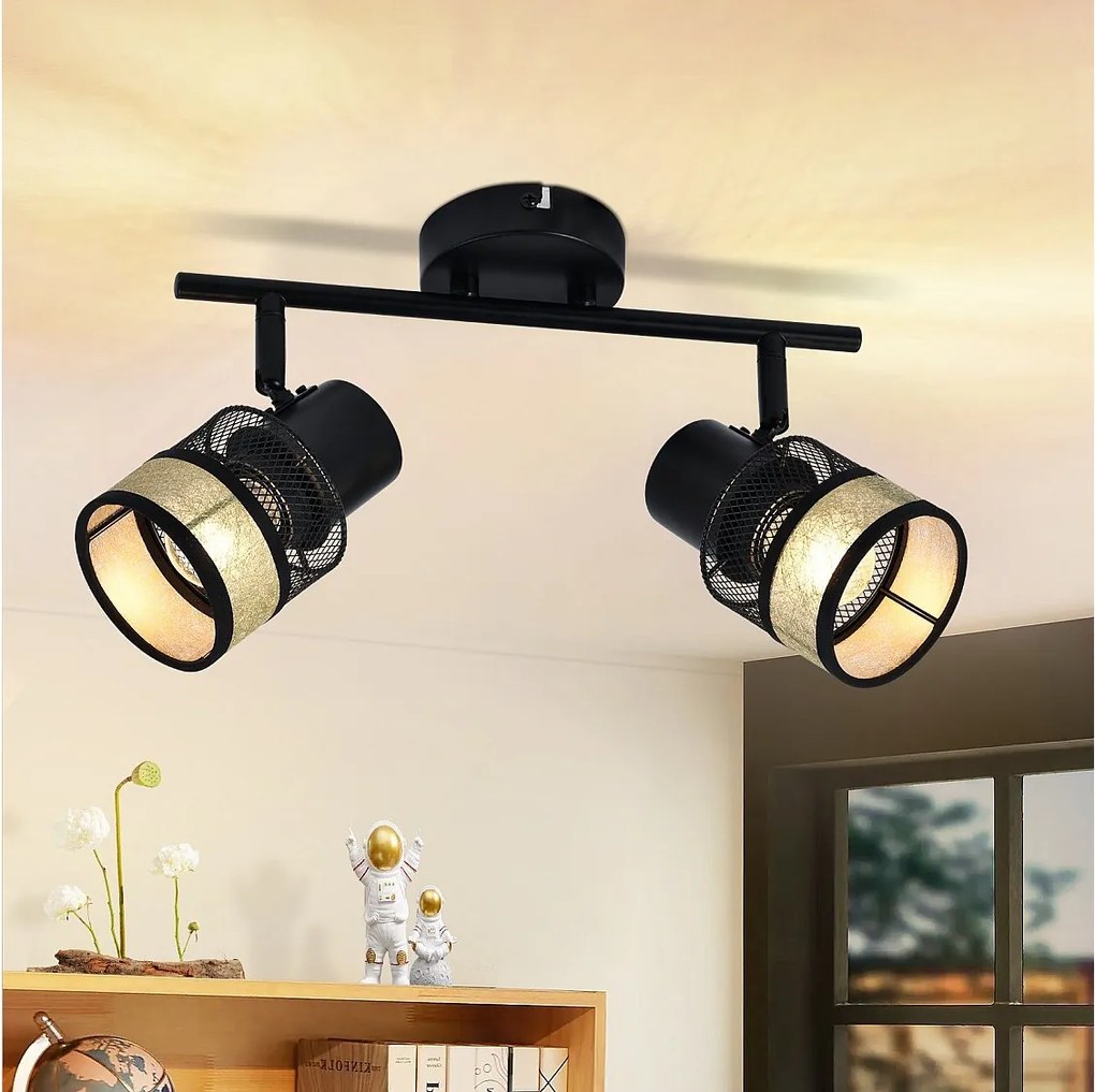 NETTLIFE Lampa sufitowa 2 punkty Max. 25W metalowy E27 czarny vintage przedpokój 330° ze złotym abażurem z tkaniny do salonu, sypialni, kuchni