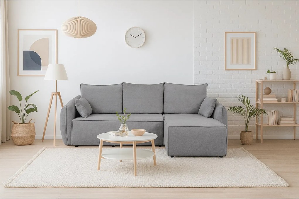 Nowoczesny narożnik prawostronny SELLMA w tkaninie RAVEN 7 szarej