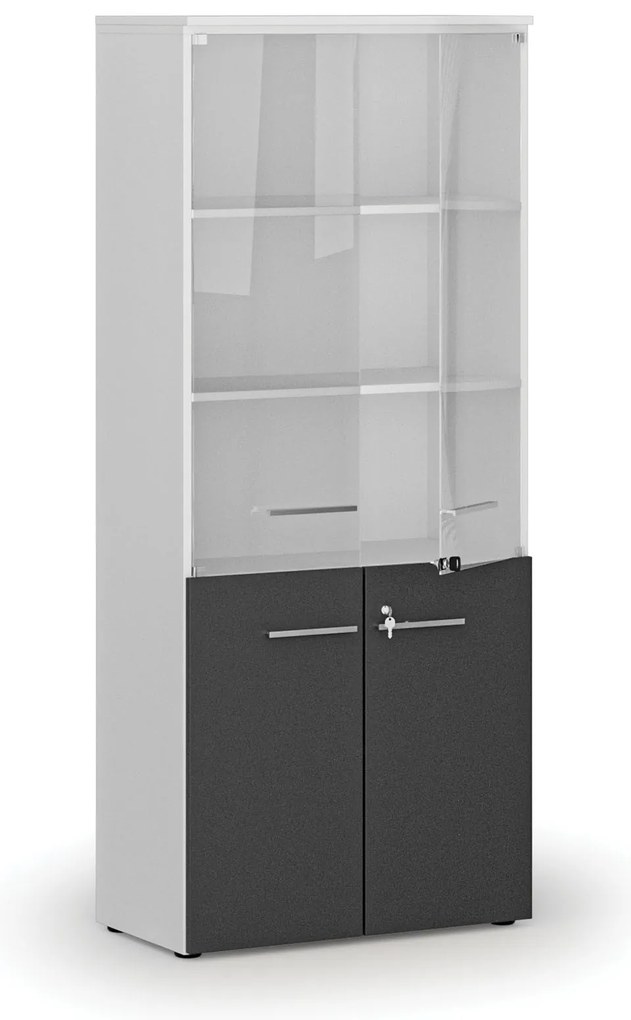 Szafa biurowa kombinowana PRIMO WHITE z drzwiami drewnianymi i szklanymi, 800 x 420 x 1781 mm, biały/grafit