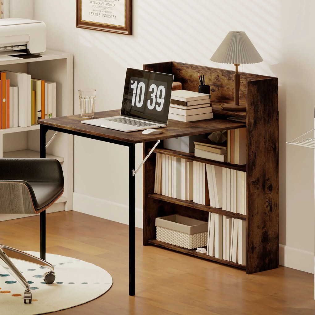 HOMCOM Składany stół z półką, design industrialny, oszczędzający miejsce, do małych pomieszczeń, 80x90x93cm, Rustikal-Braun