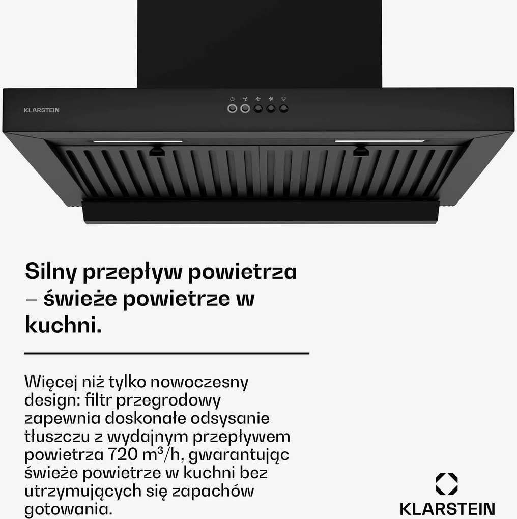 Klarstein AeroClean 60cm 721m³/h Okap Kominowy Czarny
