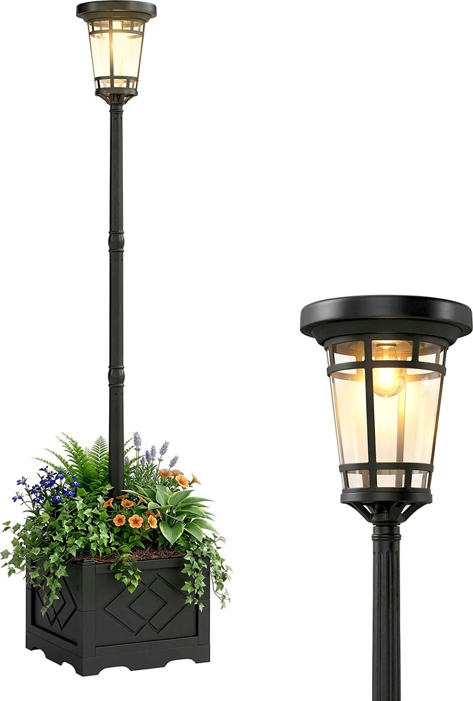 Outsunny Lampa Solarna Stojąca z Donicą 195 cm Zewnętrzna Latarnia Ogrodowa z 2 Poziomami Jasności Czujnik Światła IP44 | Aosom PL