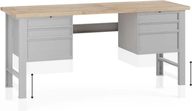 Stół warsztatowy z regulacją wysokości G7, blat bukowy, 2000 x 800 x 840-1040 mm, 2x kontener, 6x szuflada, szary