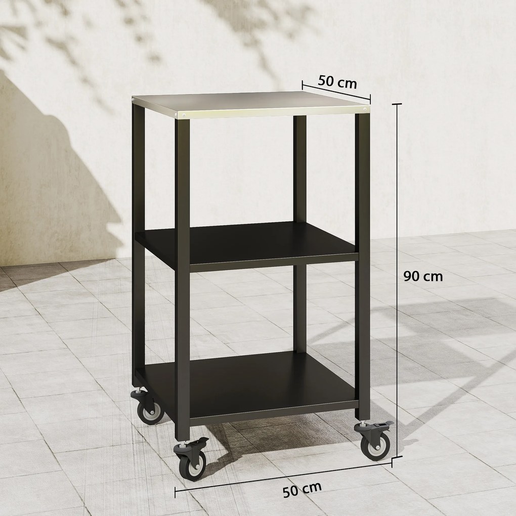 Outsunny Wózek grillowy 3-poziomy stół do grilla ze stalowym blatem mobilny wózek serwisowy 50 x 50 x 90 cm Czarny | Aosom PL