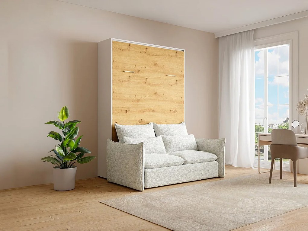 Łóżko chowane w szafie   140 x 200 cm - Otwierane ręcznie w pionie - Kolory: Naturalny i biały + Kanapa - BEGANIO