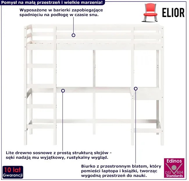 Białe sosnowe łóżko piętrowe z biurkiem 80x200 - Elba 4X