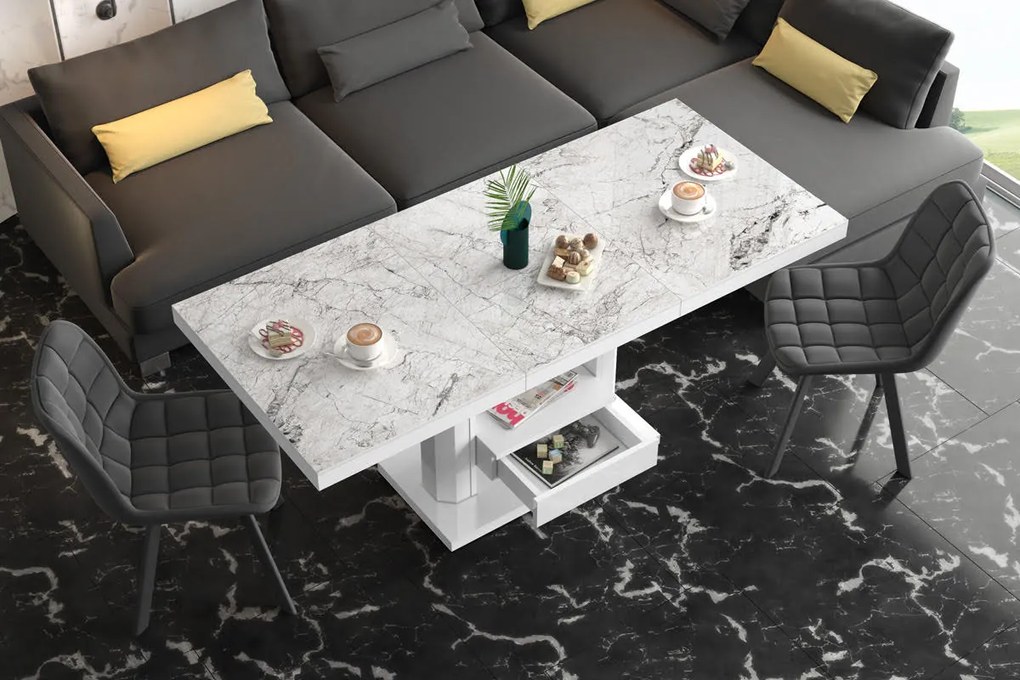 Nowoczesny ławostół z półką i szufladą Quadro Max marmur/biały