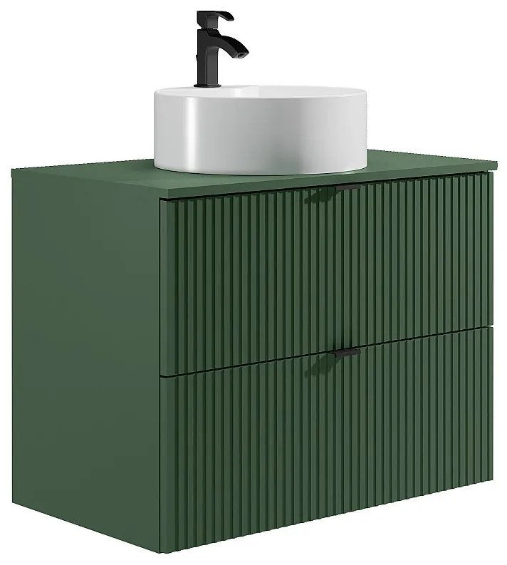 Podwieszana szafka łazienkowa prążkowana z okrągłą umywalką nablatową - Matowa zieleń - 80 cm - ZEVINI