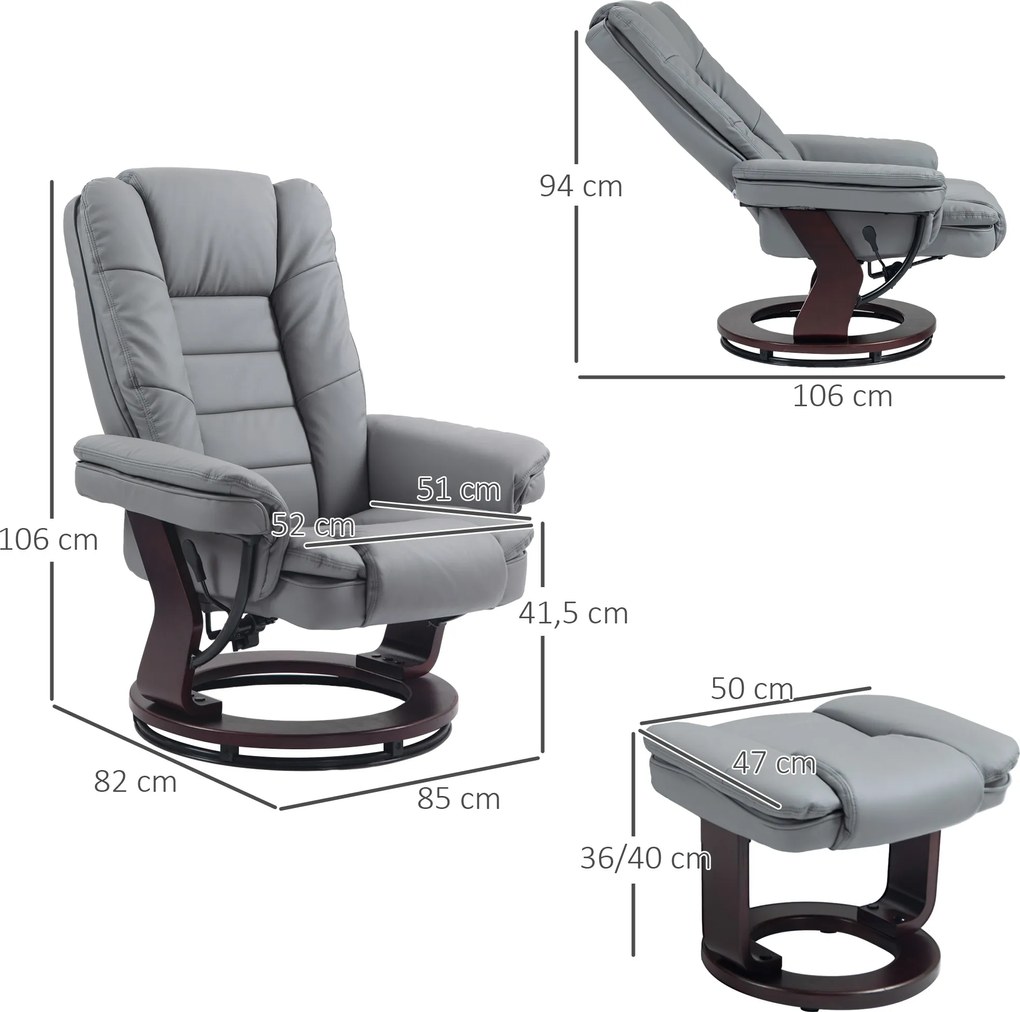 HOMCOM Fotel relaksacyjny z podnóżkiem, obrotowy, z regulowaną oparciem, w wyglądzie skóry, do 130 kg, Szary