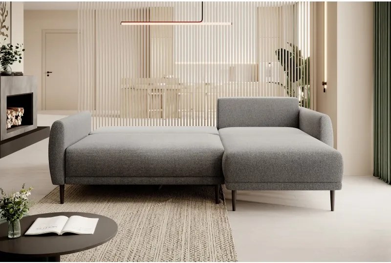 Narożnik BONO z funkcją spania Drewniane nóżki Eleganckie podłokietniki Głębokie siedzisko Prawa strona Barrel 90