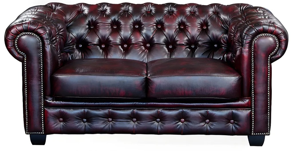 Kanapa 2-osobowa chesterfield BRENTON 100% skóry bawolej - Kolor: cherry