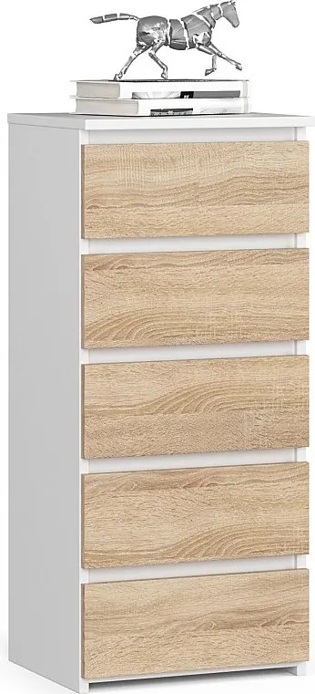 Komoda AKORD CL5 Biała 40 cm 5 szuflad fronty kolor Dąb Sonoma mat 40x35x92 cm