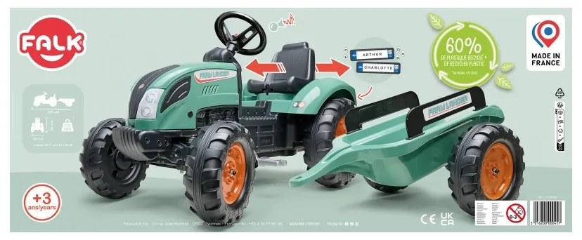 Falk traktor lander zielony na pedały z przyczepką od 3 lat