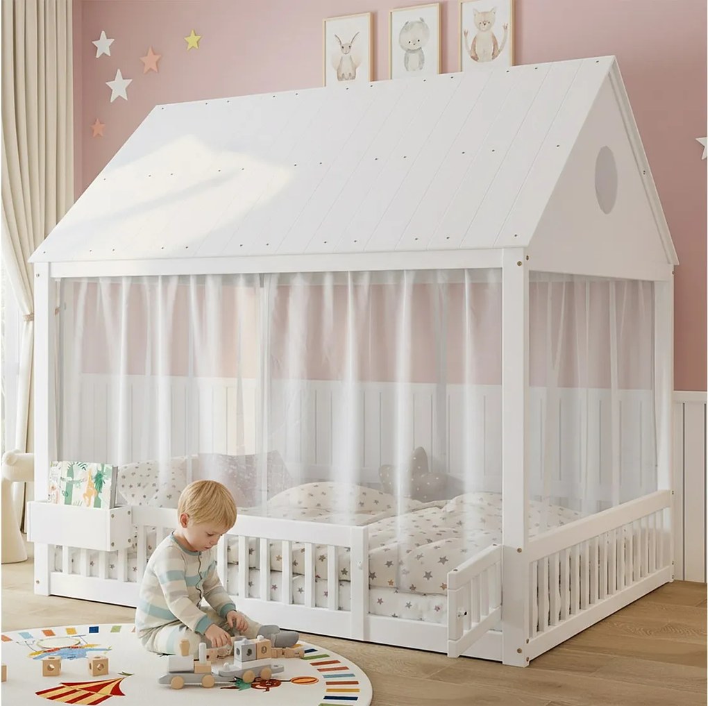 Łóżko pojedyncze dla dzieci - 140 x 200 cm - z baldachimem + zasłony dekoracyjne + mały schowek - sosna + MDF - białe