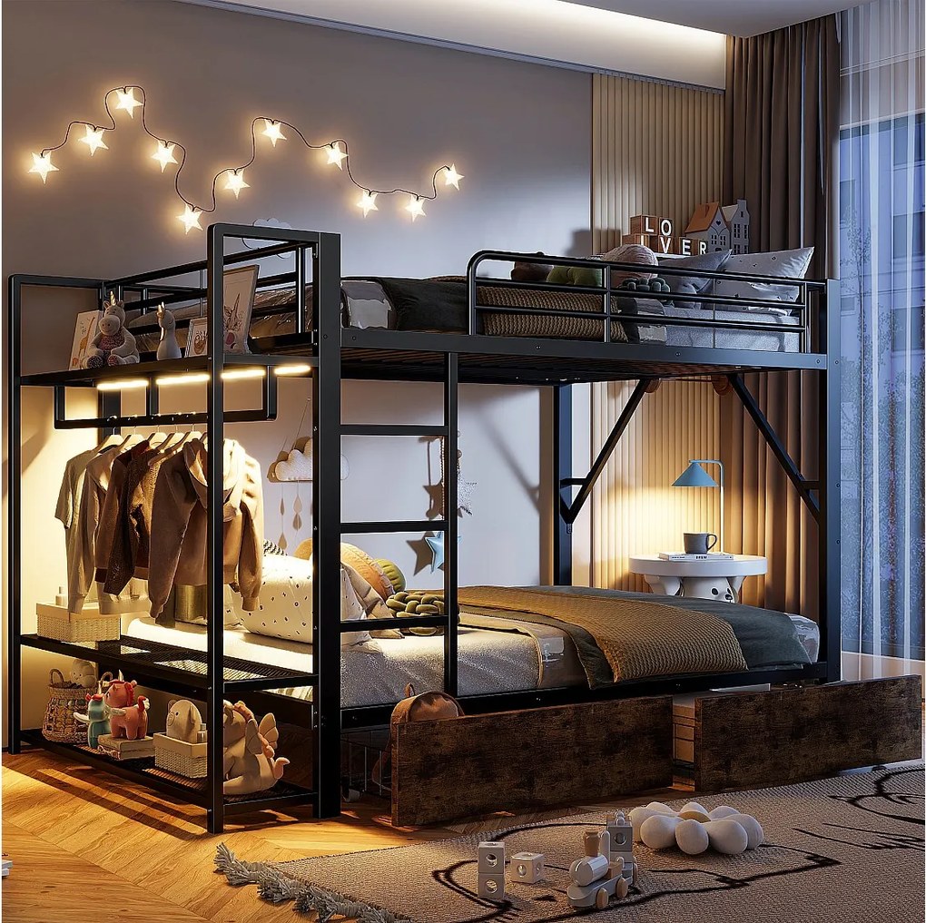 Łóżko piętrowe dla dzieci - 2 x 140 x 200 cm - rama żeliwna - z 2 szufladami + półki + diody LED - metalowe - czarne