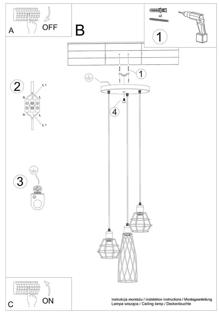 Lampa wisząca SUBA 3P czarna geometryczna  SOLLUX  LIGHTING