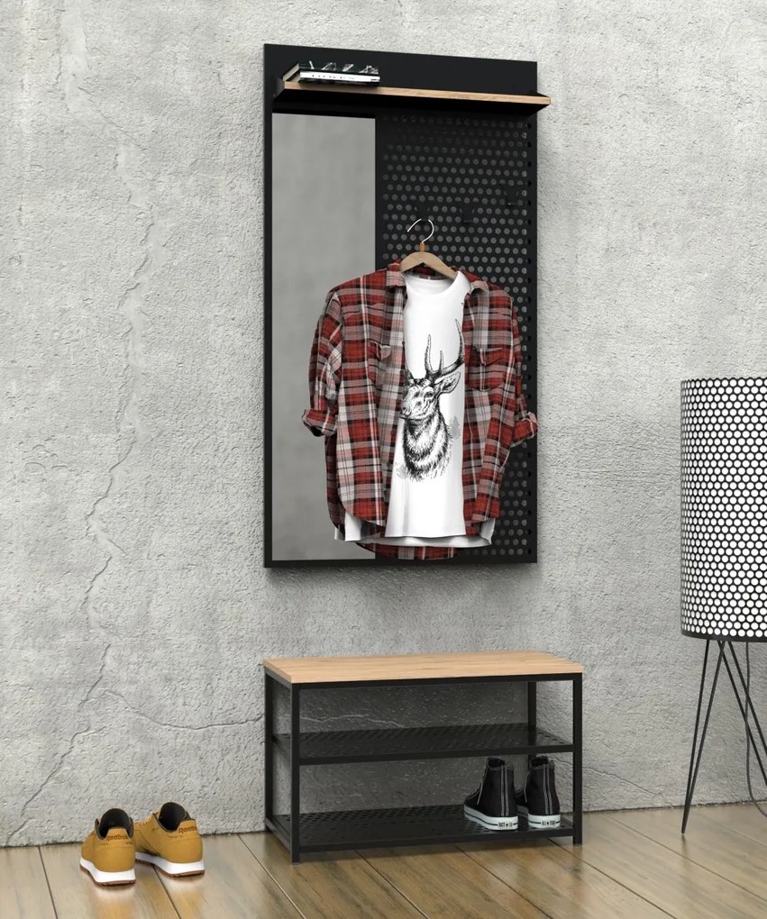 Szeroki taboret z półkami na buty Loft LT2 czarny/dąb wotan
