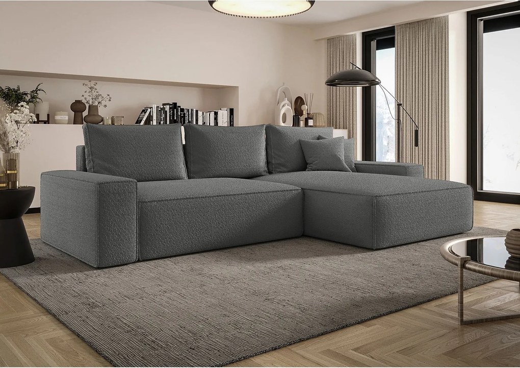 NAROŻNIK MONA z funkcją spania QUELLE 92 Szary Prawy Sofa w kształcie L z pojemnikiem na pościel, sofa rozkładana, sofa do salonu