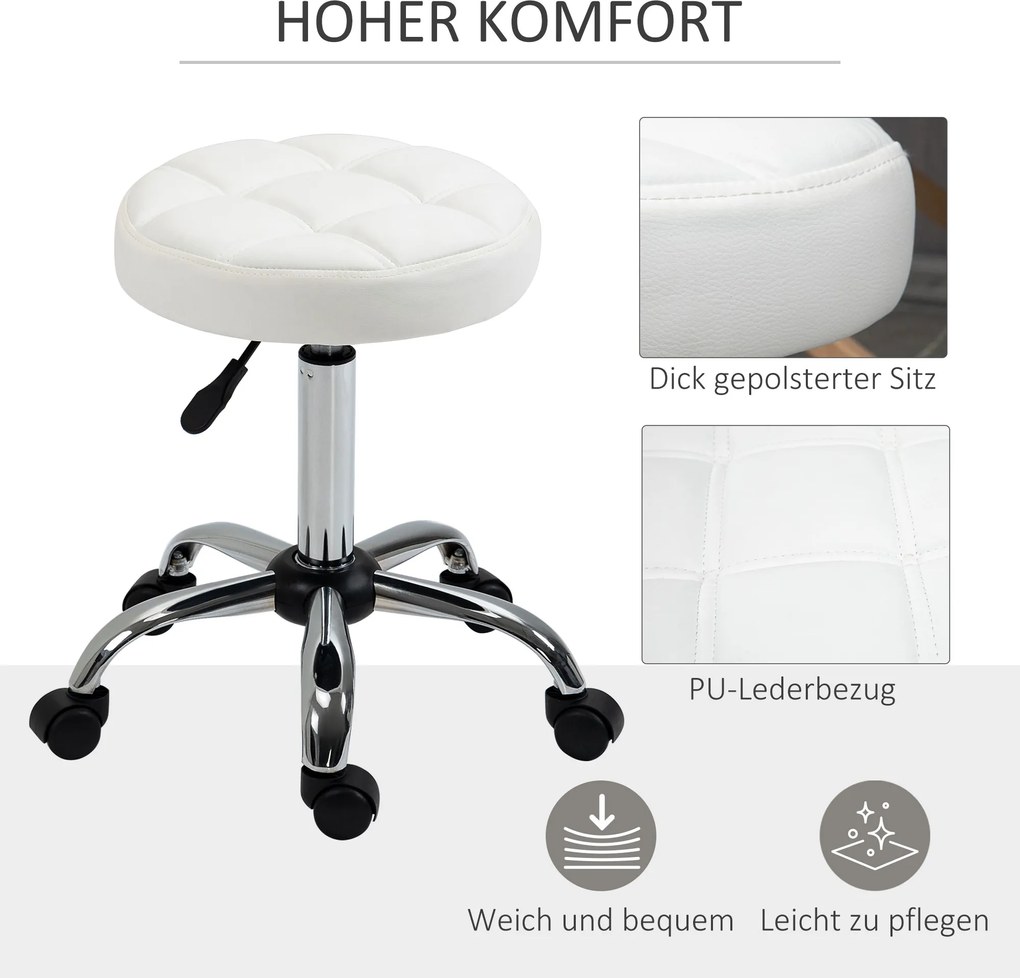 HOMCOM Stołek obrotowy, Stołek salonowy, regulowany, sztuczna skóra, pikowany wzór, Ø35,5 x 48-63 cm, Biały/Srebrny