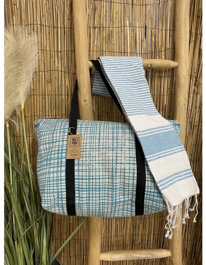 Stylowy zestaw torby plażowej + ręcznika plażowego HAMAM 75x150 cm, turkusowy, 100% bawełna organiczna