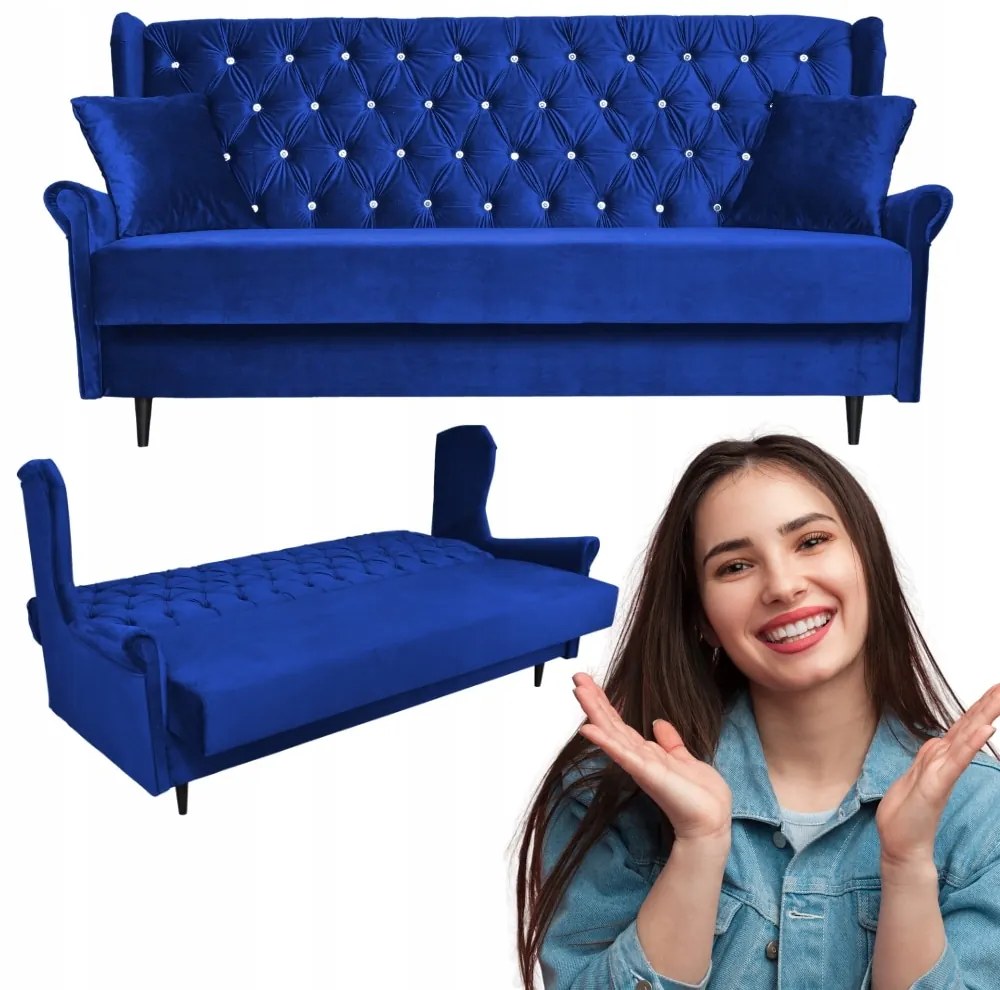 Sofa rozkładana WELUR wersalka na nóżkach niebieska GAJA Family Meble